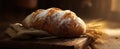 The freshly baked loaf of bread on the rustic wooden table.AI generated image Royalty Free Stock Photo
