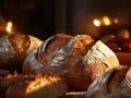 Freshly-baked loaf of bread is seen on a countertop in front of a kitchen oven. AI-generated. Royalty Free Stock Photo