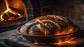 A freshly baked loaf of bread sits in a rustic oven, emanating warmth and inviting aroma Royalty Free Stock Photo