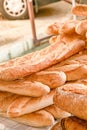 Freshly baked, loaves of, french baguettes for sale at farmers market Royalty Free Stock Photo