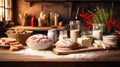 Freshly baked meal on wooden table