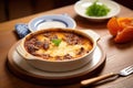 freshly baked moussaka in a ceramic dish on a dark wood table Royalty Free Stock Photo