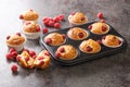 Freshly baked muffins with raspberries and white chocolate close-up in a muffin pan. Horizontal Royalty Free Stock Photo