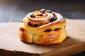 Freshly-baked pain aux with raisins sitting atop a rustic wooden board, AI-generated.