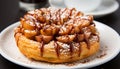 Freshly baked pancake with chocolate syrup and fruit toppings generated by AI Royalty Free Stock Photo