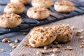 Freshly baked peanut butter cookies on cooling rack. Macro with extremely shallow dof. Royalty Free Stock Photo