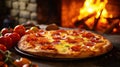 Freshly baked pepperoni pizza with bubbling cheese and vibrant tomatoes, presented on a rustic table against a fiery wood oven