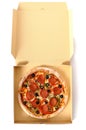 Pepperoni Pizza, open delivery box, top view, isolated Royalty Free Stock Photo