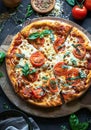 Freshly Baked Pepperoni Pizza With Sliced Tomatoes and Basil on a Wooden Board Royalty Free Stock Photo