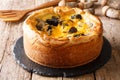 Freshly baked pie, quiche with boletus mushrooms, cheddar cheese