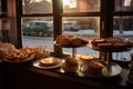 freshly baked pies displayed in a diner window