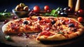 Italian food. Classical freshly baked pizza close up on the wood. Generative, Ai Royalty Free Stock Photo