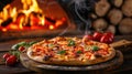 a freshly baked pizza resting on a wooden board, set against the backdrop of a oven fire in a restaurant interior Royalty Free Stock Photo