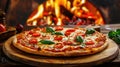 a freshly baked pizza resting on a wooden board, set against the backdrop of a oven fire in a restaurant interior Royalty Free Stock Photo