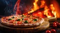 a freshly baked pizza resting on a wooden board, set against the backdrop of a oven fire in a restaurant interior Royalty Free Stock Photo