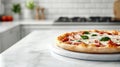 A freshly baked pizza with toppings on a marble countertop in a modern kitchen setting Royalty Free Stock Photo
