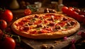 Freshly baked pizza on wooden table, Italian gourmet generated by AI Royalty Free Stock Photo