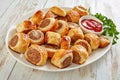 Freshly baked Puff pastry Sausage rolls, close-up
