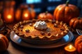 Freshly baked pumpkin pie lies on the table