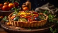 Freshly baked quiche on rustic wooden table generated by AI