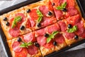 Freshly baked rectangular pizza with cheese, salami, olives and tomatoes close-up in a baking tray. horizontal top view Royalty Free Stock Photo