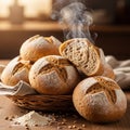 Freshly baked round bread rolls are arranged in a woven basket. Each roll features a Royalty Free Stock Photo