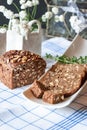 Freshly baked rye bread with seeds and raisins on sourdough without yeast on a white plate. Homemade cake. Fermentation process. Royalty Free Stock Photo