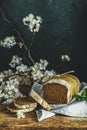 Freshly baked rye handmade breads on old wooden table with linen napkin and apricot tree blossom branch Royalty Free Stock Photo