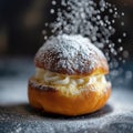 Freshly baked Semla pastry with whipped cream, being sprinkled with powdered sugar. Delicious sweet dessert. Generative AI