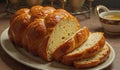 Freshly baked sliced challah bread on rustic table Royalty Free Stock Photo