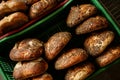 Freshly baked sour dough bread loafs left to cool down at the artesanal bakery in the plastic box. Royalty Free Stock Photo