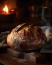 Freshly baked sourdough boule straight from the oven