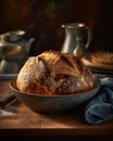 Freshly baked sourdough boule straight from the oven