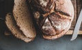 Freshly baked sourdough bread loaf and slices, close-up