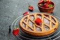 freshly baked strawberry pie, crostata, italian homemade tart, banner, menu, recipe place for text, top view Royalty Free Stock Photo