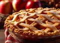 Freshly baked sweet apple pie with red raw apples.Macro.AI Generative