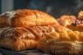 Freshly baked sweet buns puff pastry on old wooden background. Assortment of delicious baked sweet and puff pastry. Generative AI