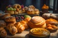 Freshly baked sweet buns puff pastry on old wooden background. Assortment of delicious baked sweet and puff pastry. Generative AI