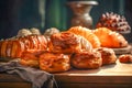 Freshly baked sweet buns puff pastry on old wooden background. Assortment of delicious baked sweet and puff pastry. Generative AI