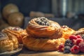 Freshly baked sweet buns puff pastry on old wooden background. Assortment of delicious baked sweet and puff pastry. Generative AI