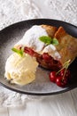 Freshly baked sweet cherry strudel with vanilla ice cream close-up. Vertical Royalty Free Stock Photo