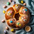 Freshly baked sweet Easter bread decorated with colorful chocolate eggs on wooden board top down view. Traditional holiday pastry