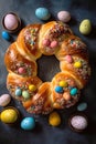 Freshly baked sweet Easter bread decorated with colorful chocolate eggs top down view. Traditional holiday pastry