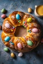 Freshly baked sweet Easter bread decorated with colorful chocolate eggs on wooden board top down view. Traditional holiday pastry