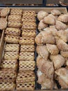 Freshly baked sweet frozen puff shortcrust pocket pastries in bakery or grocery store