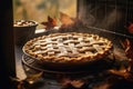 Freshly baked Thanksgiving pie, with a lattice crust and steam rising from the filling. The scene set in a cozy kitchen , with