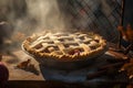 Freshly baked Thanksgiving pie, with a lattice crust and steam rising from the filling. The scene set in a cozy kitchen , with