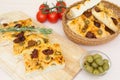 Freshly baked traditional Italian focaccia bread with green olives and sun-dried tomatoes Royalty Free Stock Photo