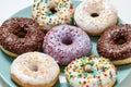 Freshly baked. Various delicious colourful round glazed donuts with sprinkles on the plate