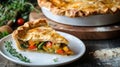 Freshly baked vegetable pie slice on plate with herbs and ingredients in rustic setting Royalty Free Stock Photo